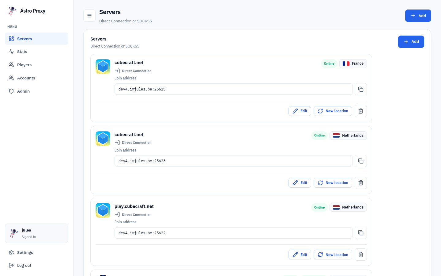 Turtle Proxy servers dashboard